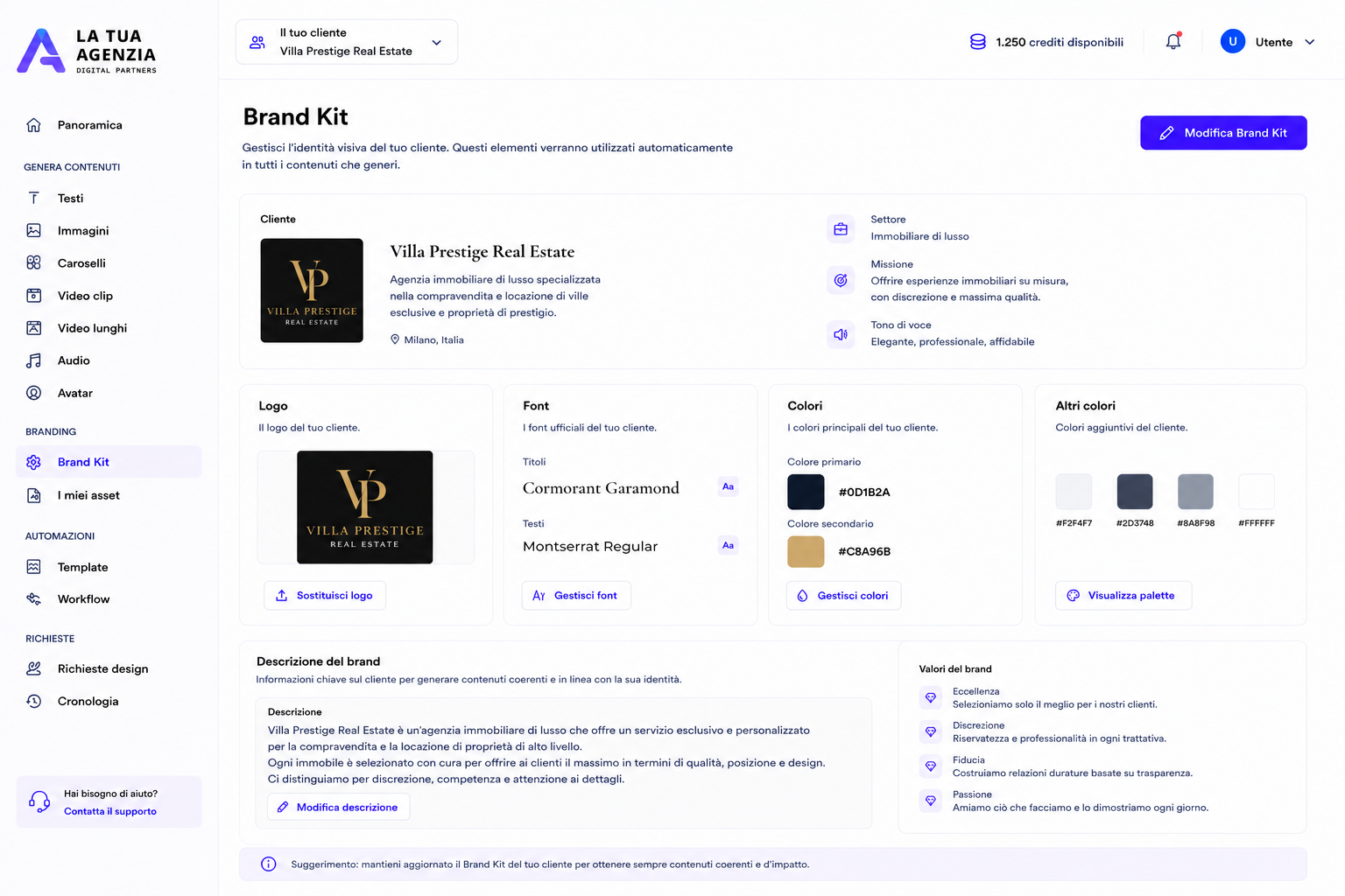 Schermata Brand Kit con logo, font, colori e valori del brand cliente