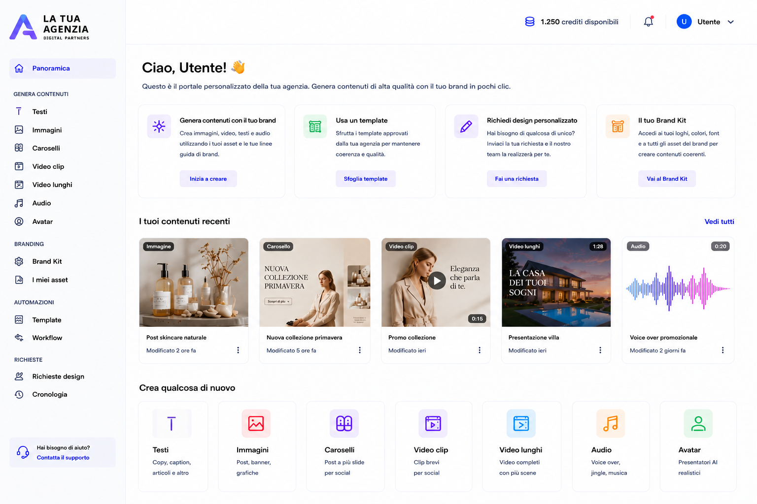 Dashboard FullBase con panoramica contenuti e azioni rapide per agenzie marketing