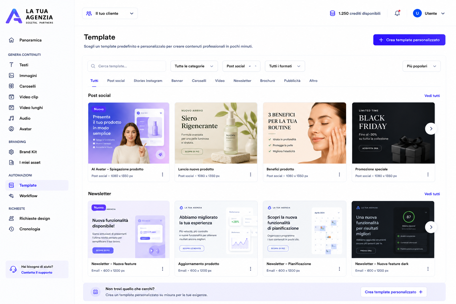 Libreria template con filtri per categoria e formato contenuto